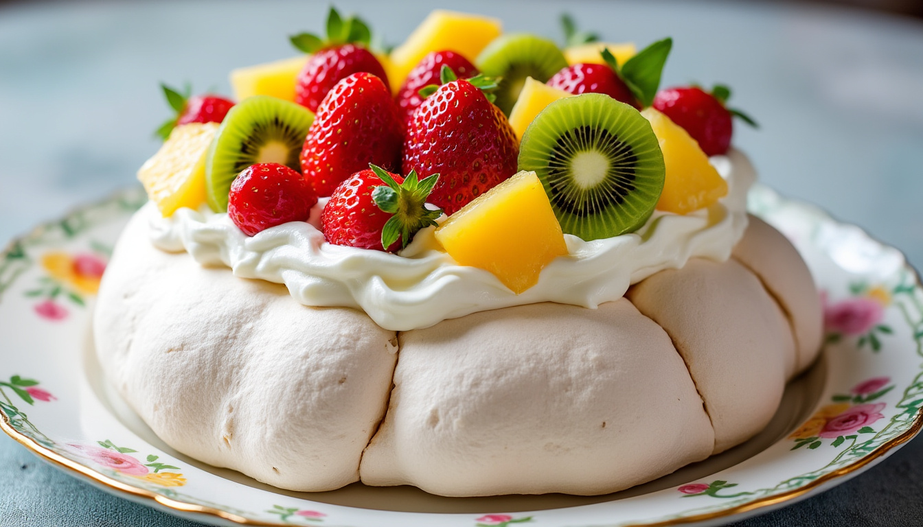 découvrez notre recette de pavlova, un dessert aérien et délicieux qui allie meringue croquante et garniture fruitée. parfait pour impressionner vos invités lors de vos repas, ce délice léger saura ravir les papilles!