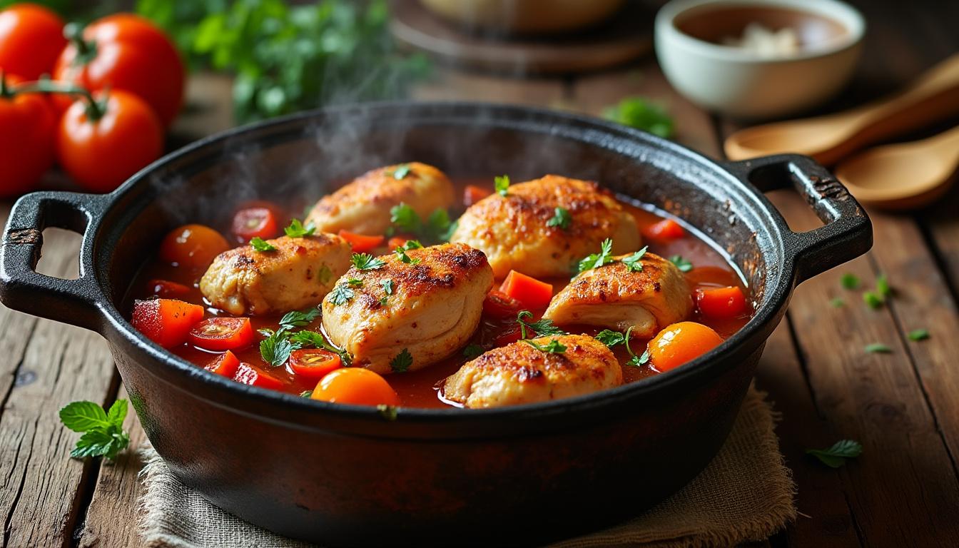 découvrez notre recette de poulet basquaise, savoureuse, économique et colorée, facile à réaliser chez vous pour un repas plein de saveurs et de bonne humeur.